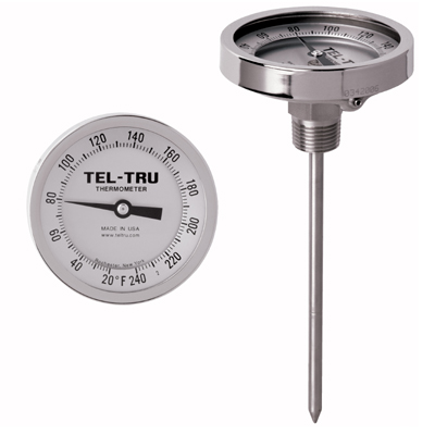 Tel-Tru BQ300 Barbecue Thermometer 3 inch Black Dial with Zones 4 inch Stem 100/500 Degrees F