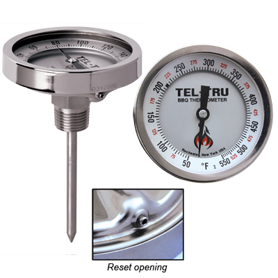 Tel-Tru BQ300 Barbecue Thermometer 3 inch Aluminum Zoned Dial 4 inch Stem